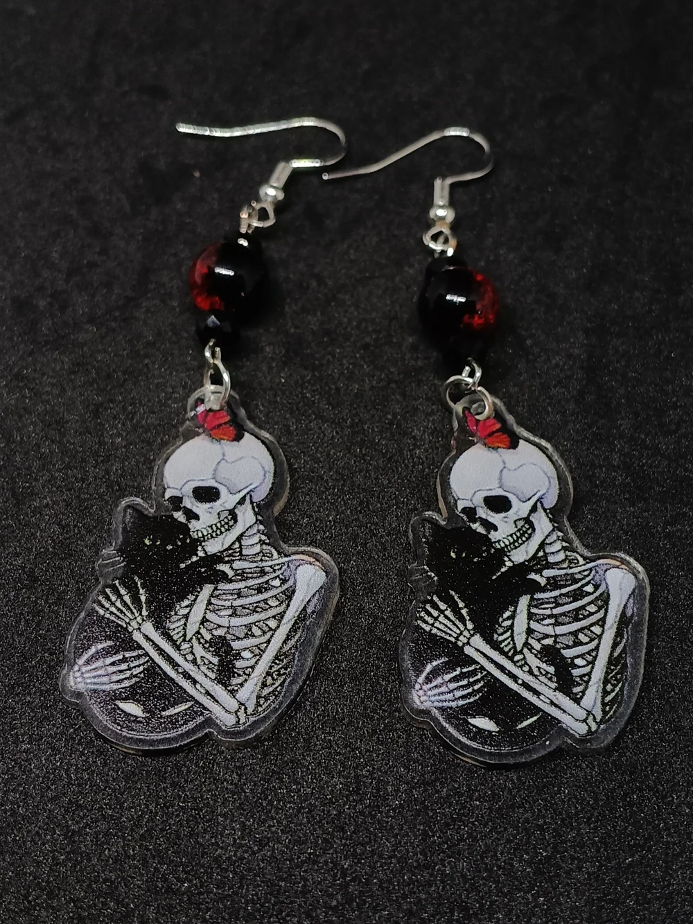Skeleton & Cat Dangle Earrings - Red and Black